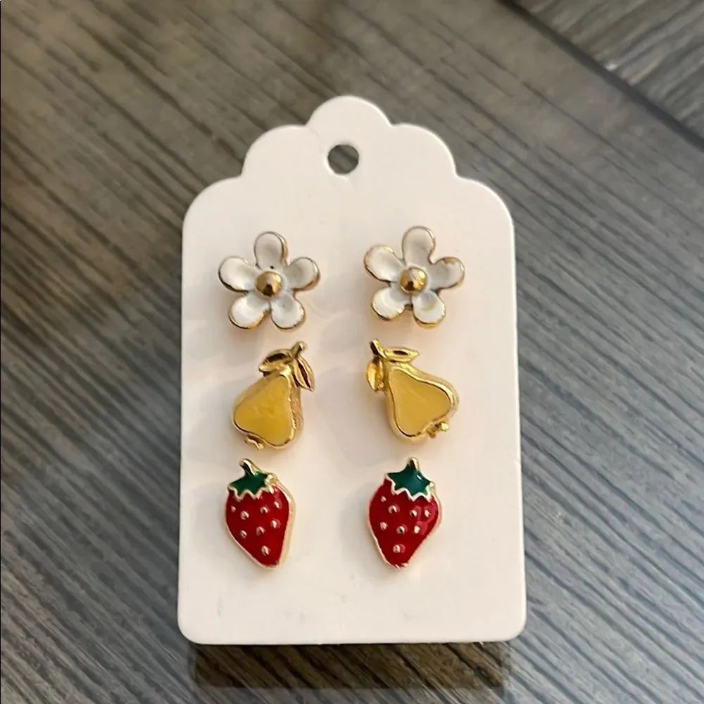 Vintage Floral and Fruit Earring Set, Strawberry & Pear Studs